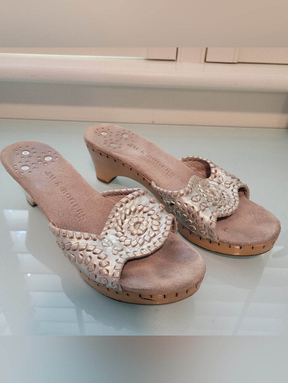 Jack Rogers Metallic Silver Braided Leather Slide Heels